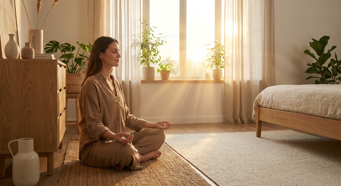 Mulher meditando na posição de lótus durante o nascer do sol para alívio do estresse com yoga e meditação