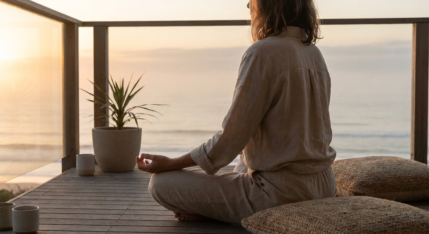 Person meditating at sunrise over the ocean, peaceful morning wellness