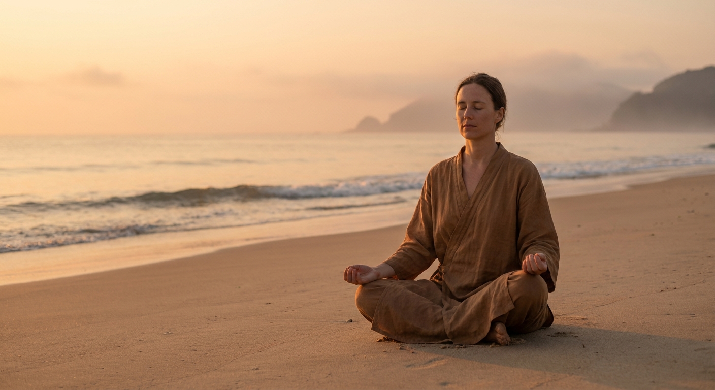 Woman meditating on a peaceful beach at sunrise practicing morning yoga and meditation