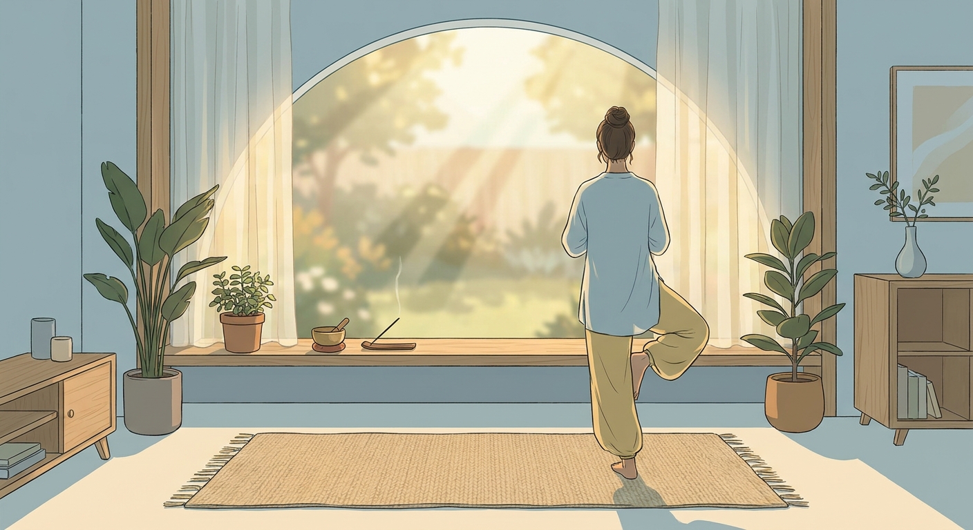 Woman practicing morning yoga for beginners in a sunlit room, peaceful meditation atmosphere