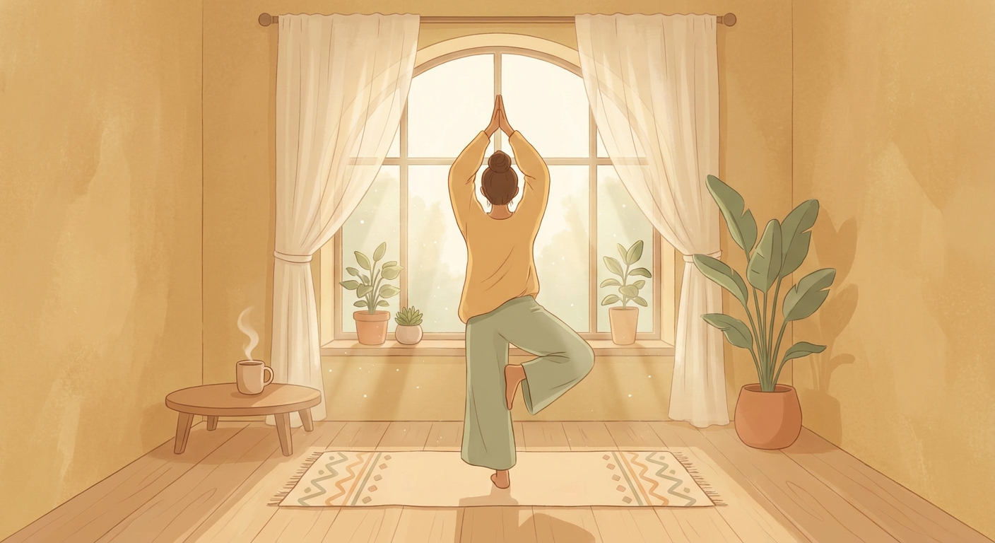 Woman practicing morning yoga for beginners in a sunlit room
