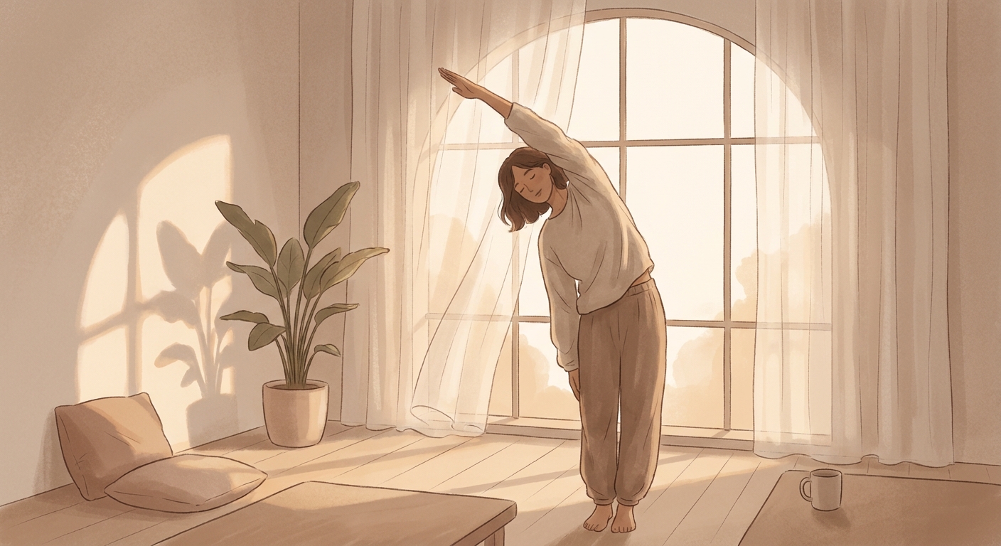 Woman practicing morning yoga by the window at sunrise, gentle stretch pose