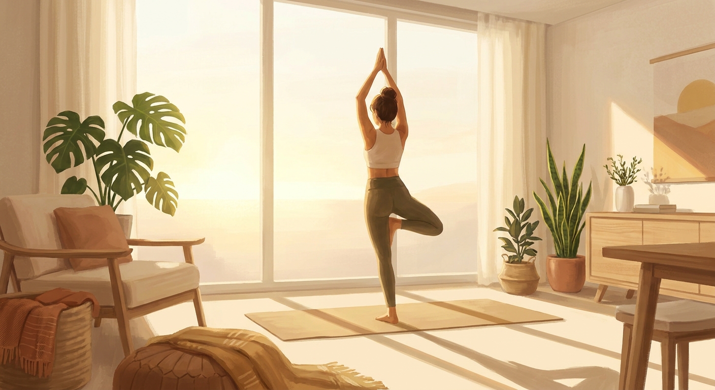 Woman practicing morning yoga at home with sunlight streaming through the window
