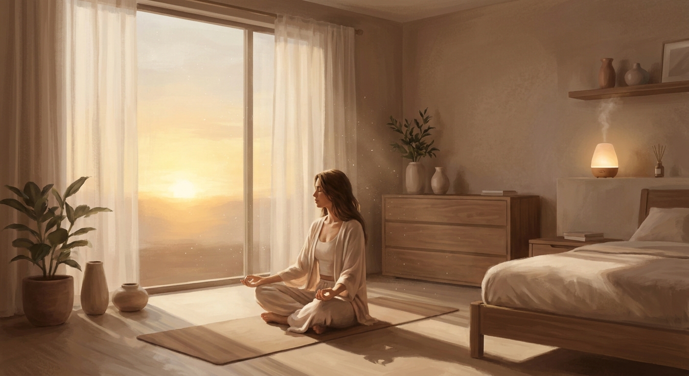 Woman practicing morning yoga for beginners in a peaceful bedroom with sunrise light