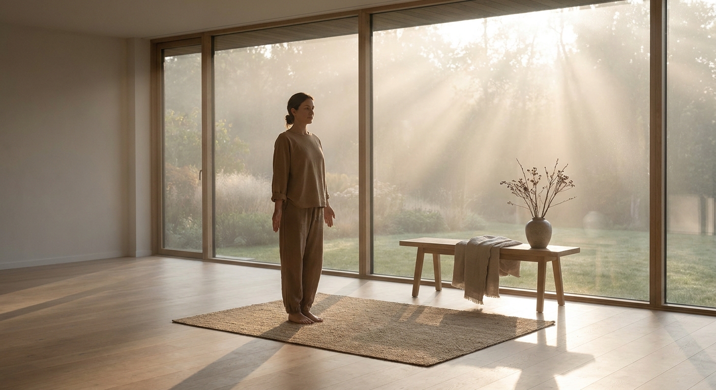 Woman practicing morning yoga for beginners in a bright serene room at sunrise