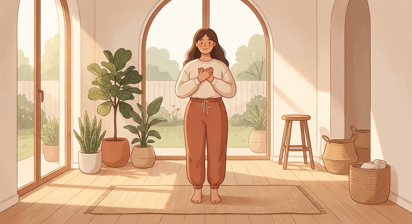 Woman practicing morning yoga for beginners in a sunlit living room
