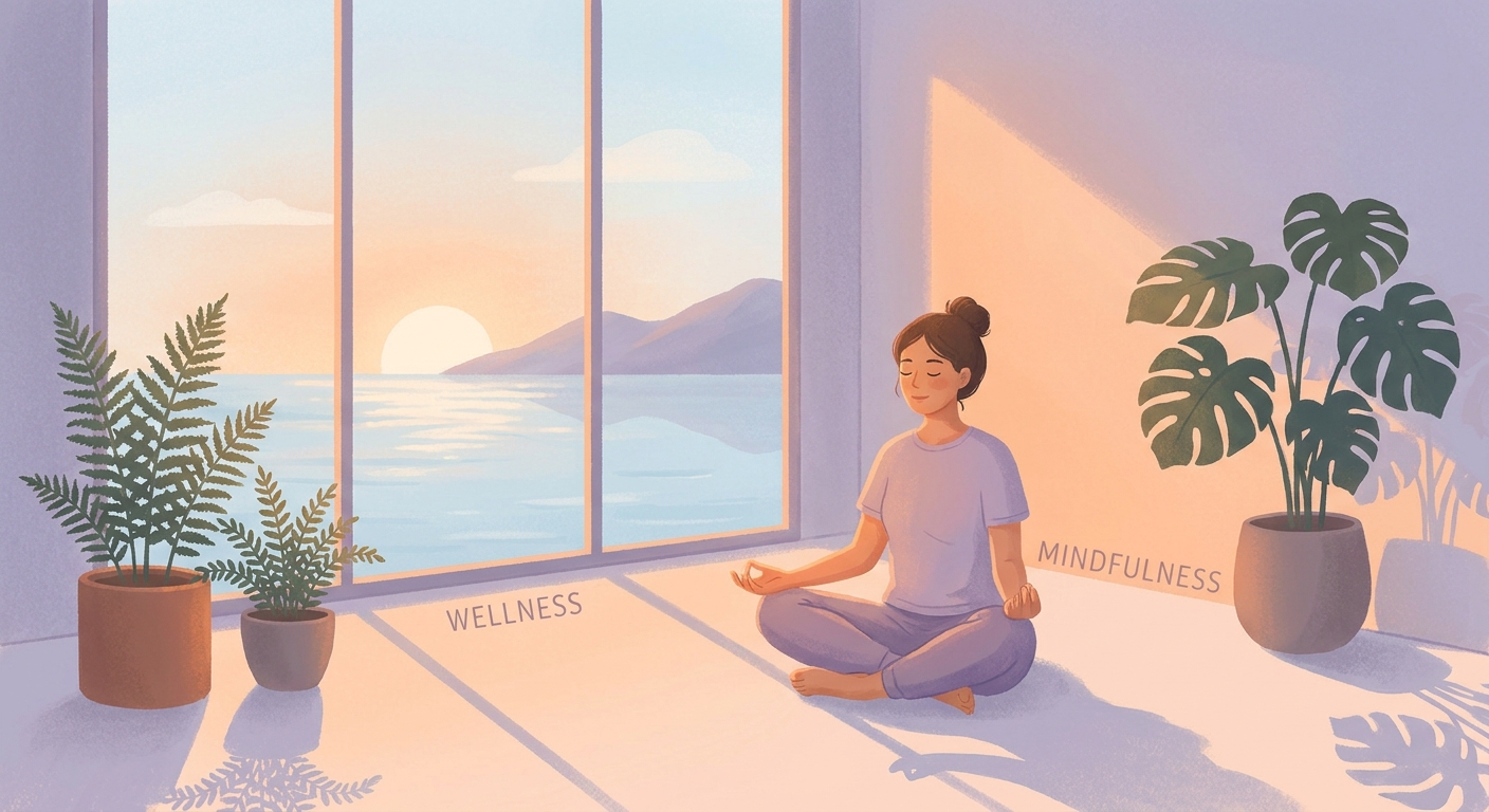 Woman practicing morning yoga and meditation at sunrise in a calm, minimalist room