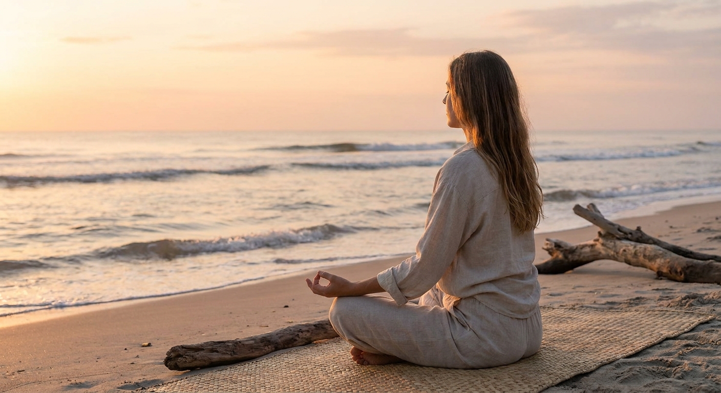 Woman practicing yoga and meditation at sunrise on a peaceful beach