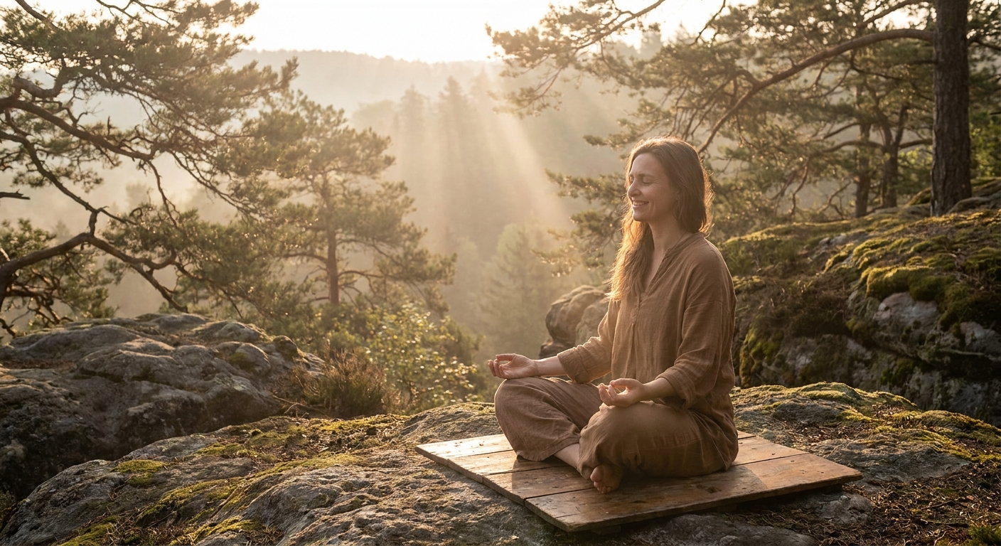 Woman practicing morning yoga and meditation at sunrise, peaceful wellness routine