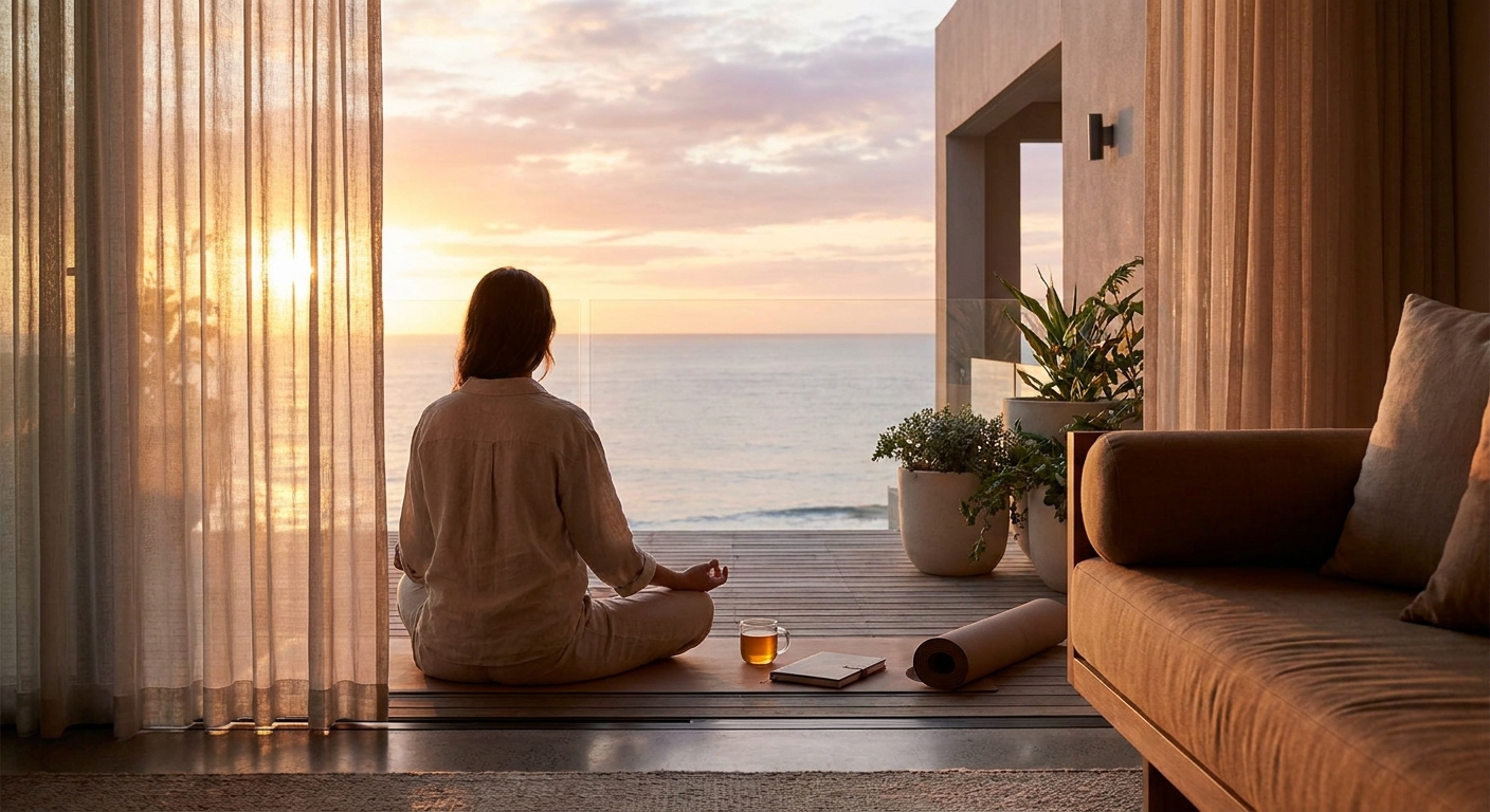 Person practicing a morning yoga and meditation routine at sunrise with Vitalizen App