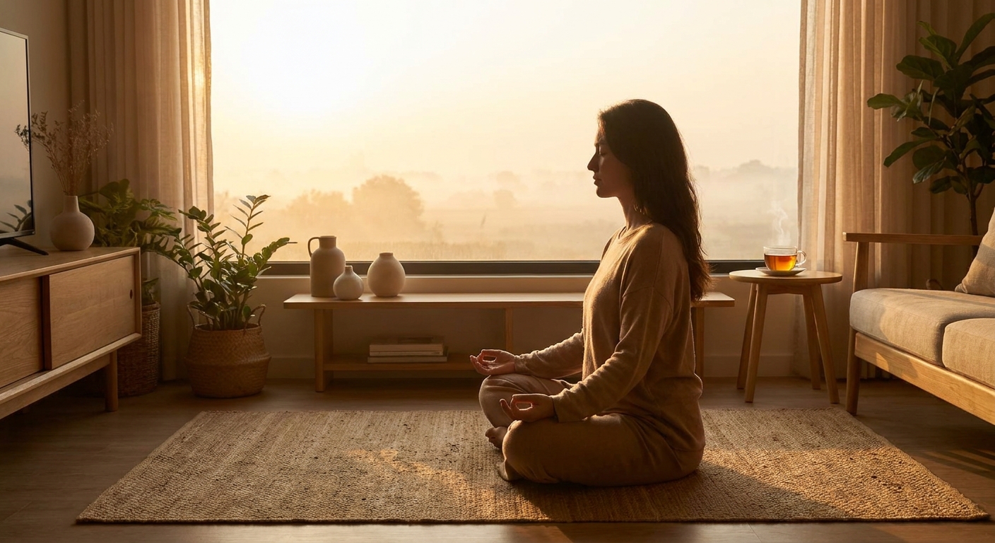 Woman practicing morning yoga and meditation in a calm, sunlit room