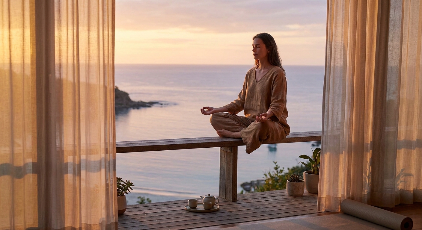 Woman practicing morning yoga and meditation at sunrise with calm ocean view