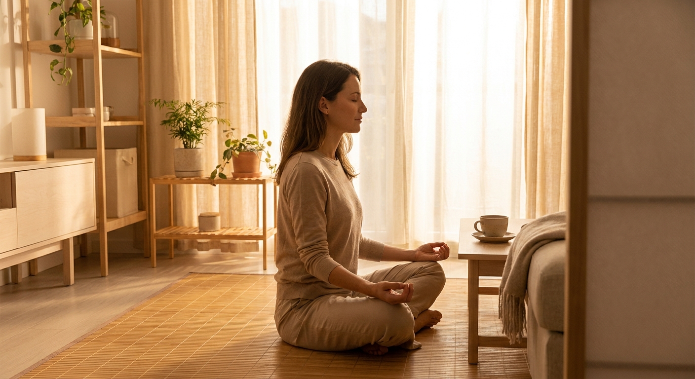 Woman practicing morning yoga and meditation routine for beginners at sunrise in a peaceful room