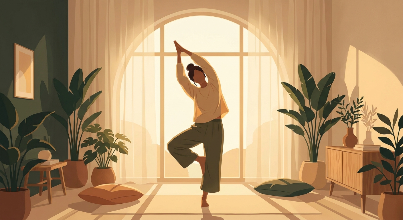 Woman practicing morning yoga and meditation by the window at sunrise - Vitalizen App