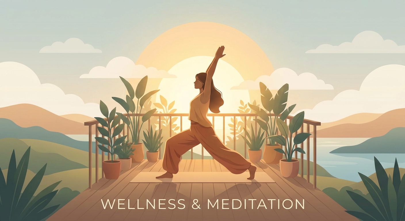 Woman practicing morning yoga on a balcony at sunrise, peaceful wellness routine