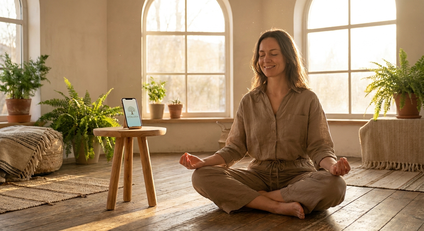 Woman practicing morning yoga routine at sunrise with Vitalizen wellness app