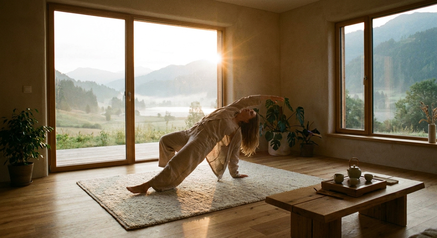 Woman practicing yoga at sunrise in a peaceful room with meditation ambiance