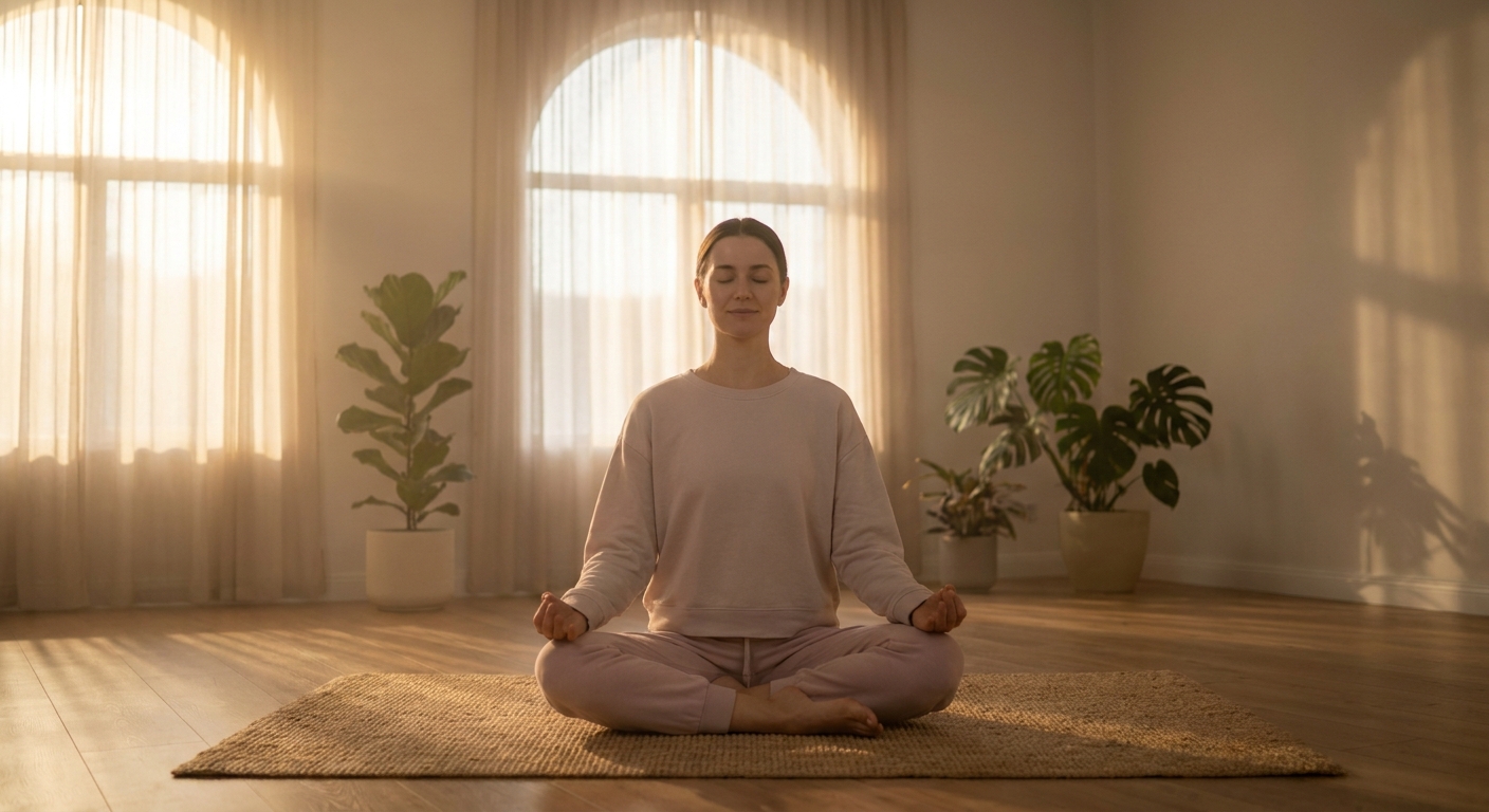 Woman practicing morning yoga in a sunlit room with calm and mindful atmosphere
