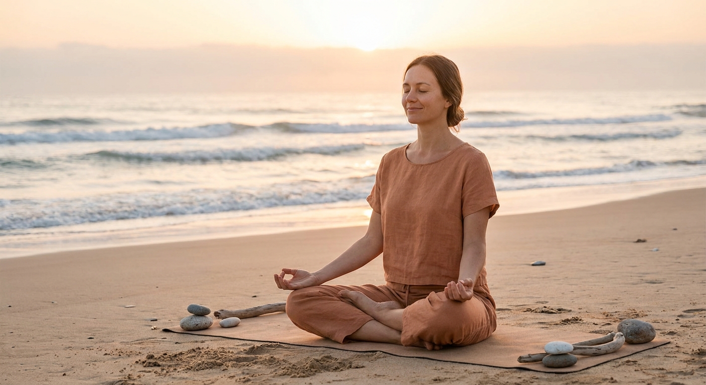 Woman practicing morning yoga and meditation for stress relief at sunrise
