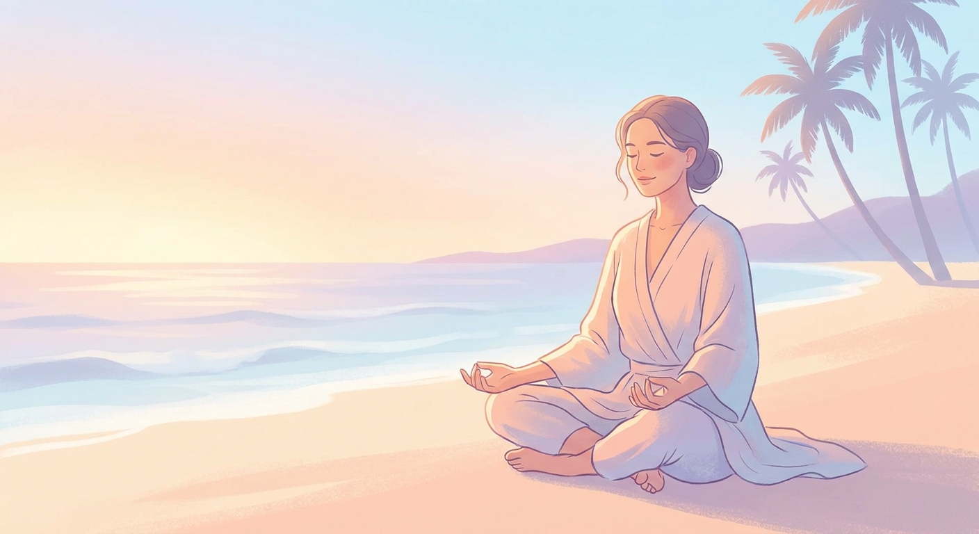 Mulher praticando yoga e meditação ao nascer do sol em uma praia tranquila