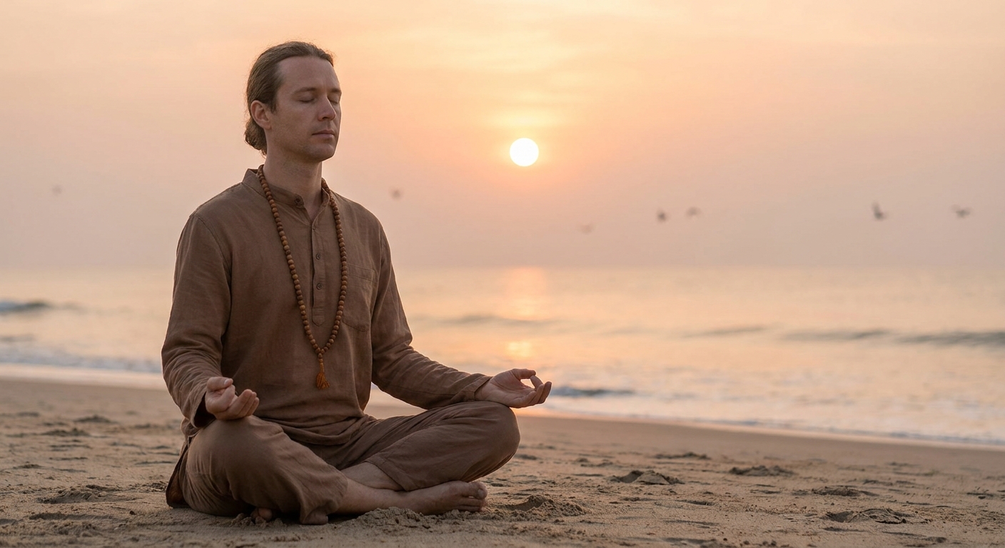 Woman practicing morning yoga and meditation at sunrise on a peaceful beach
