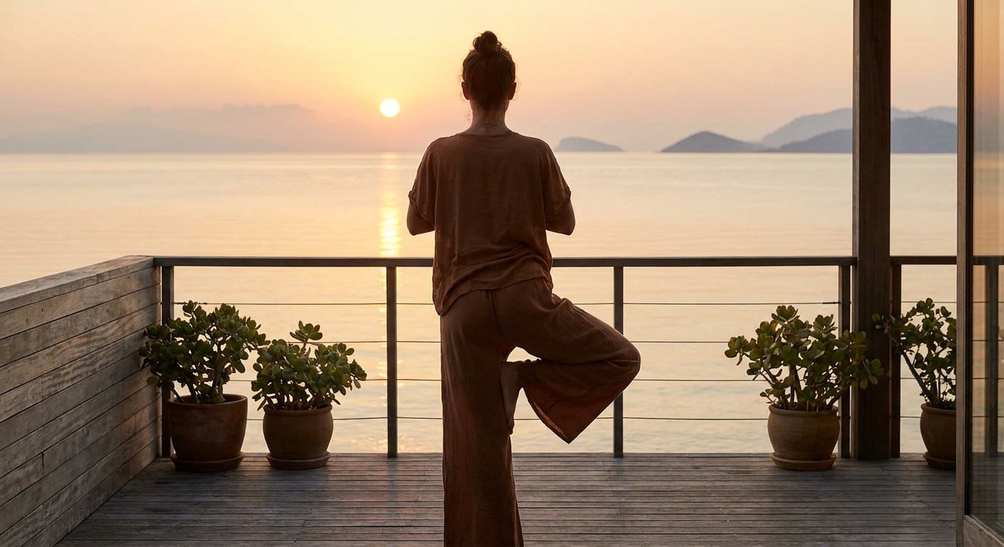 Woman practicing morning yoga for beginners at sunrise overlooking the ocean