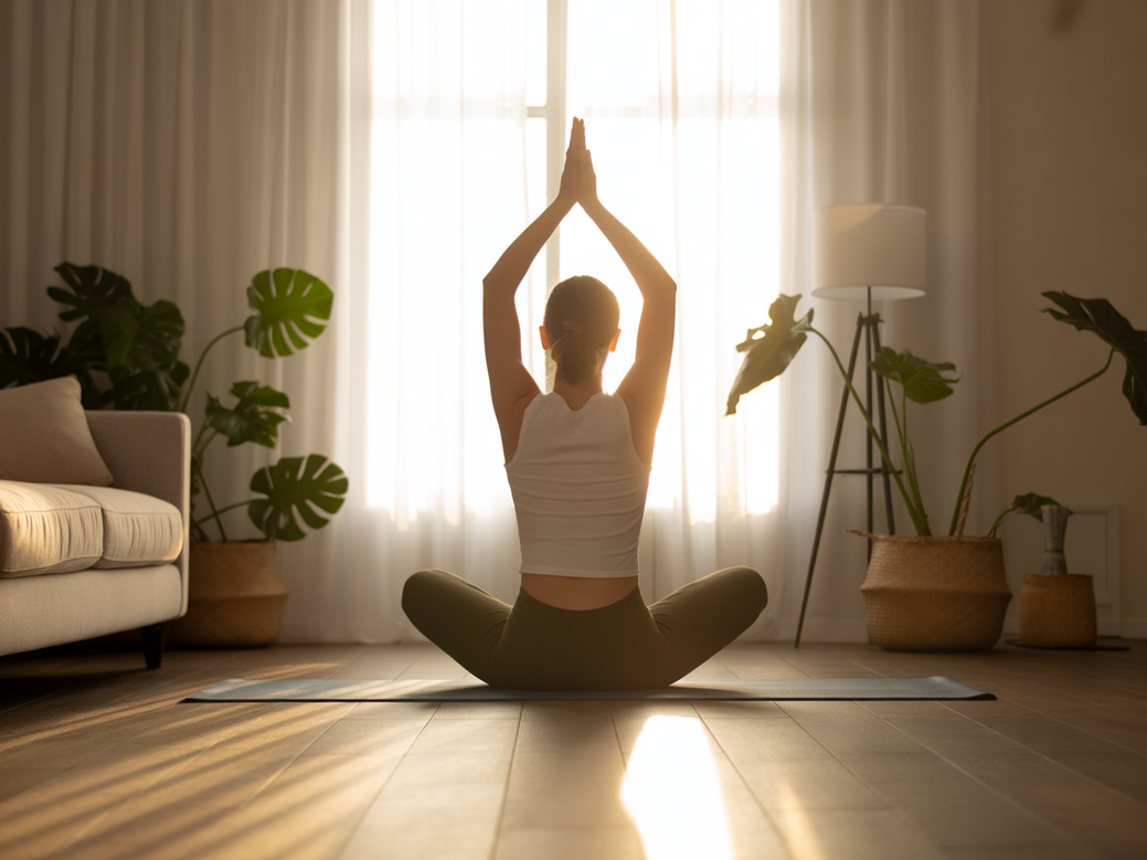 Person practicing morning yoga in a bright room, symbolizing a fresh start to the day.