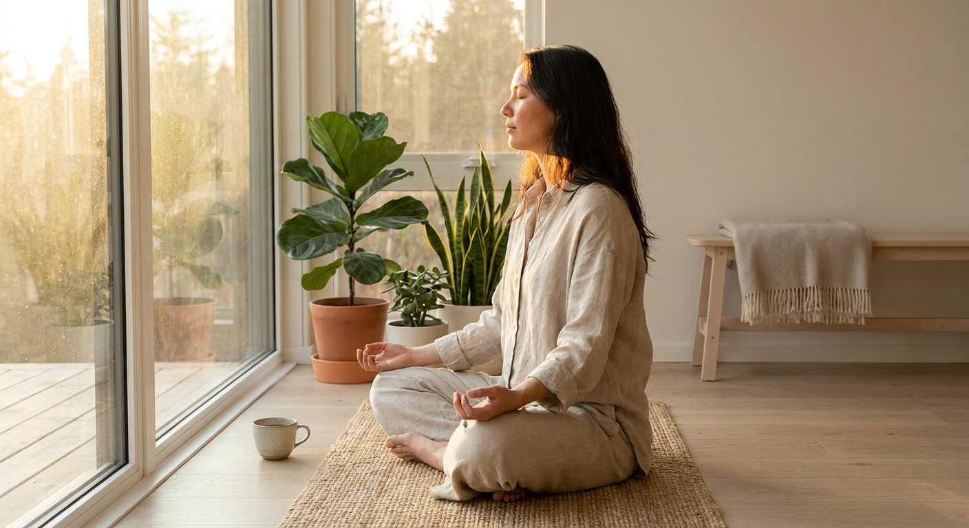 Woman practicing morning yoga and meditation by a sunlit window