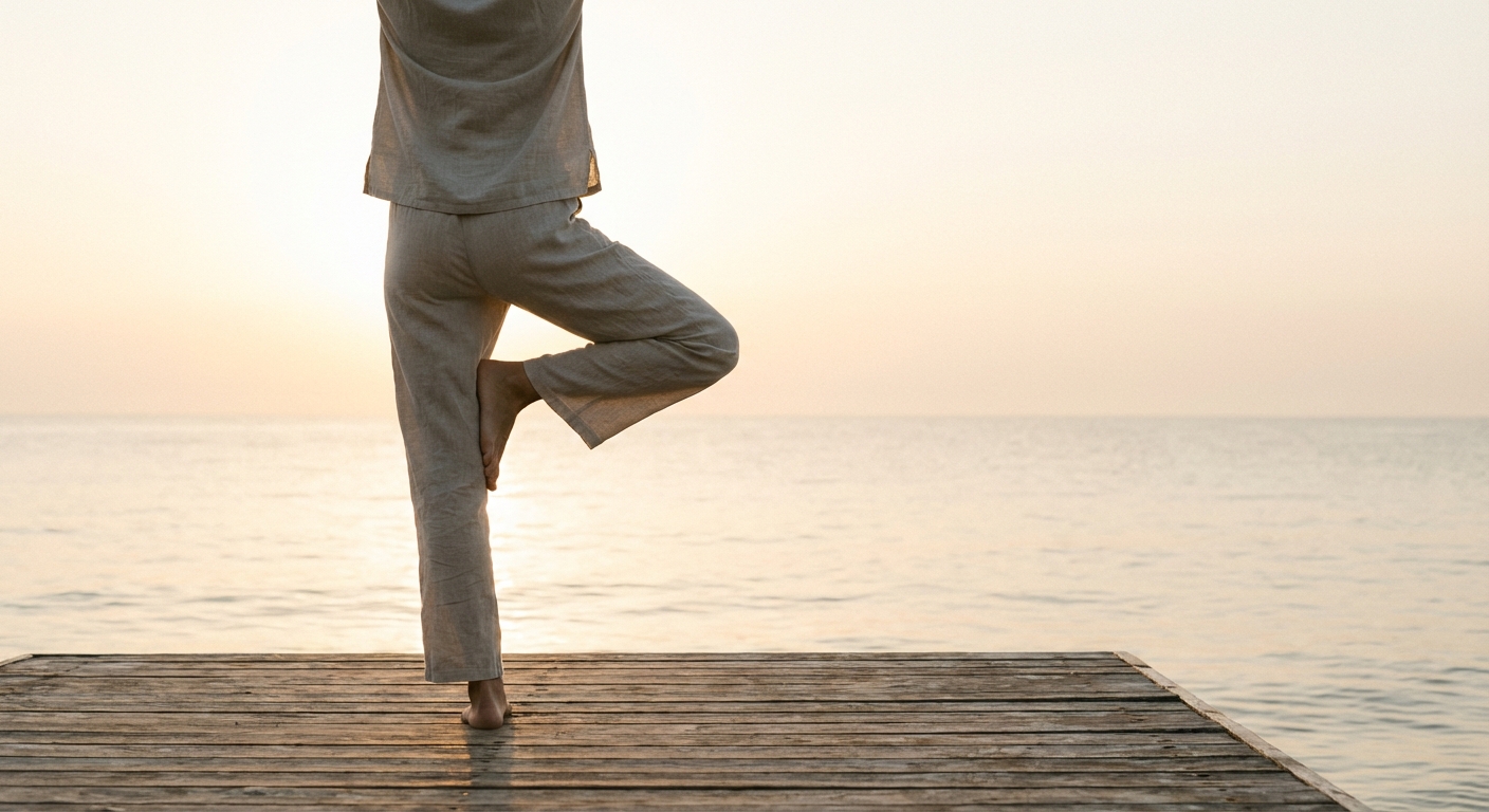 Woman practicing morning yoga poses outdoors at sunrise