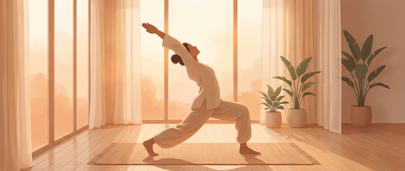 Woman practicing a gentle morning yoga sun salutation in a sunlit minimalist room, warm sunrise lighting, peaceful wellness atmosphere