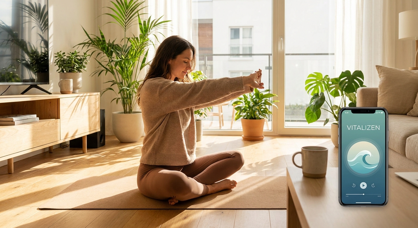 Woman practicing morning yoga routine for beginners in a sunlit living room