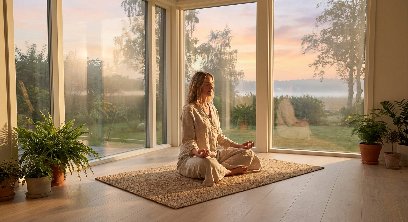 Woman practicing morning yoga in a sunlit peaceful room
