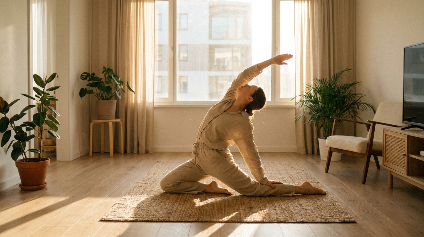 Woman practicing morning yoga routine in bright living room with sunlight