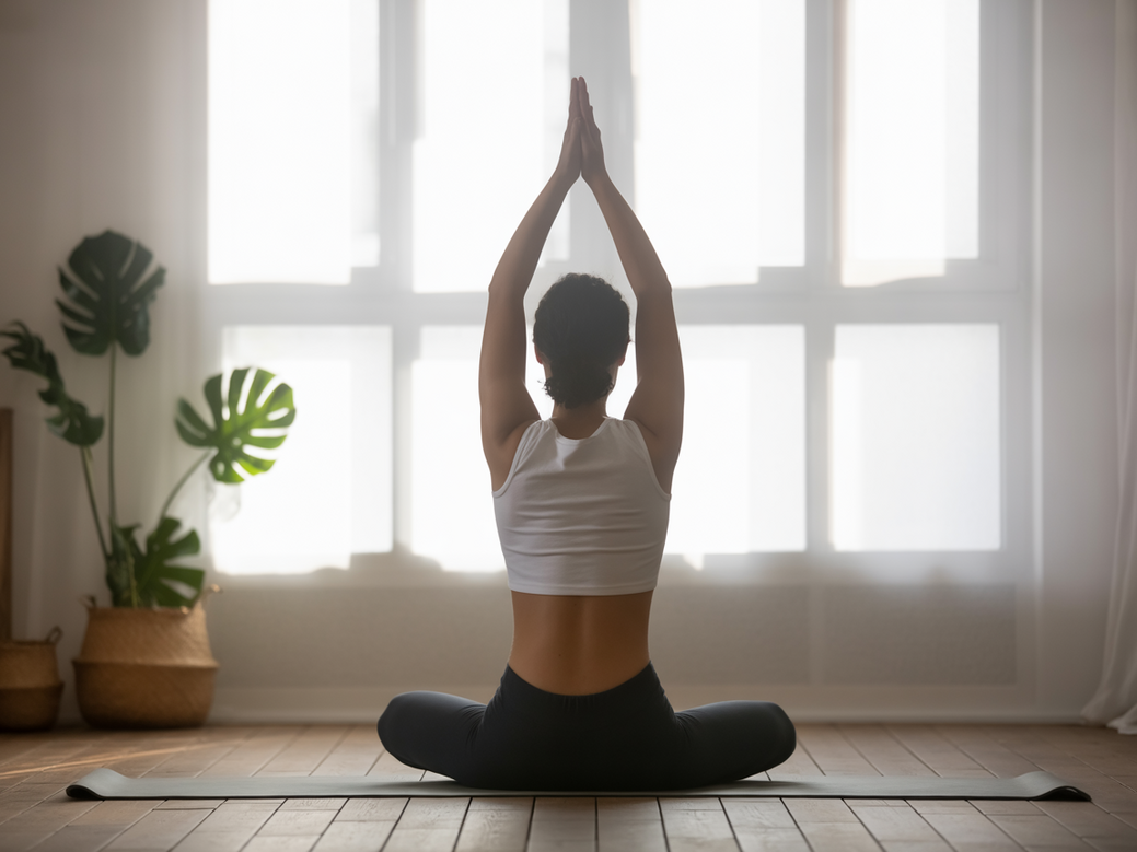 Person practicing a gentle morning yoga routine in a bright, sunlit room, representing a positive start to the day with the Vitalizen App.