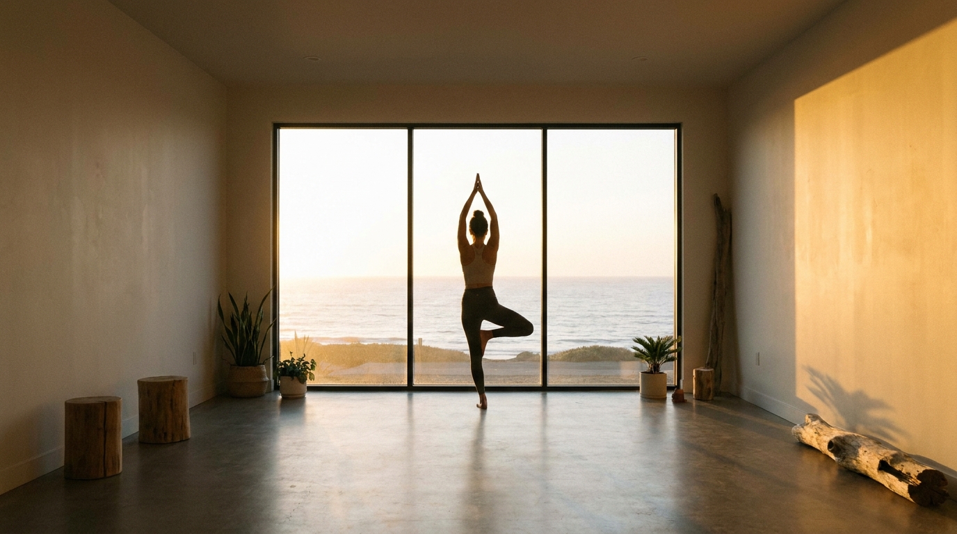 Person practicing morning yoga in a bright room at sunrise with meditation cushion nearby