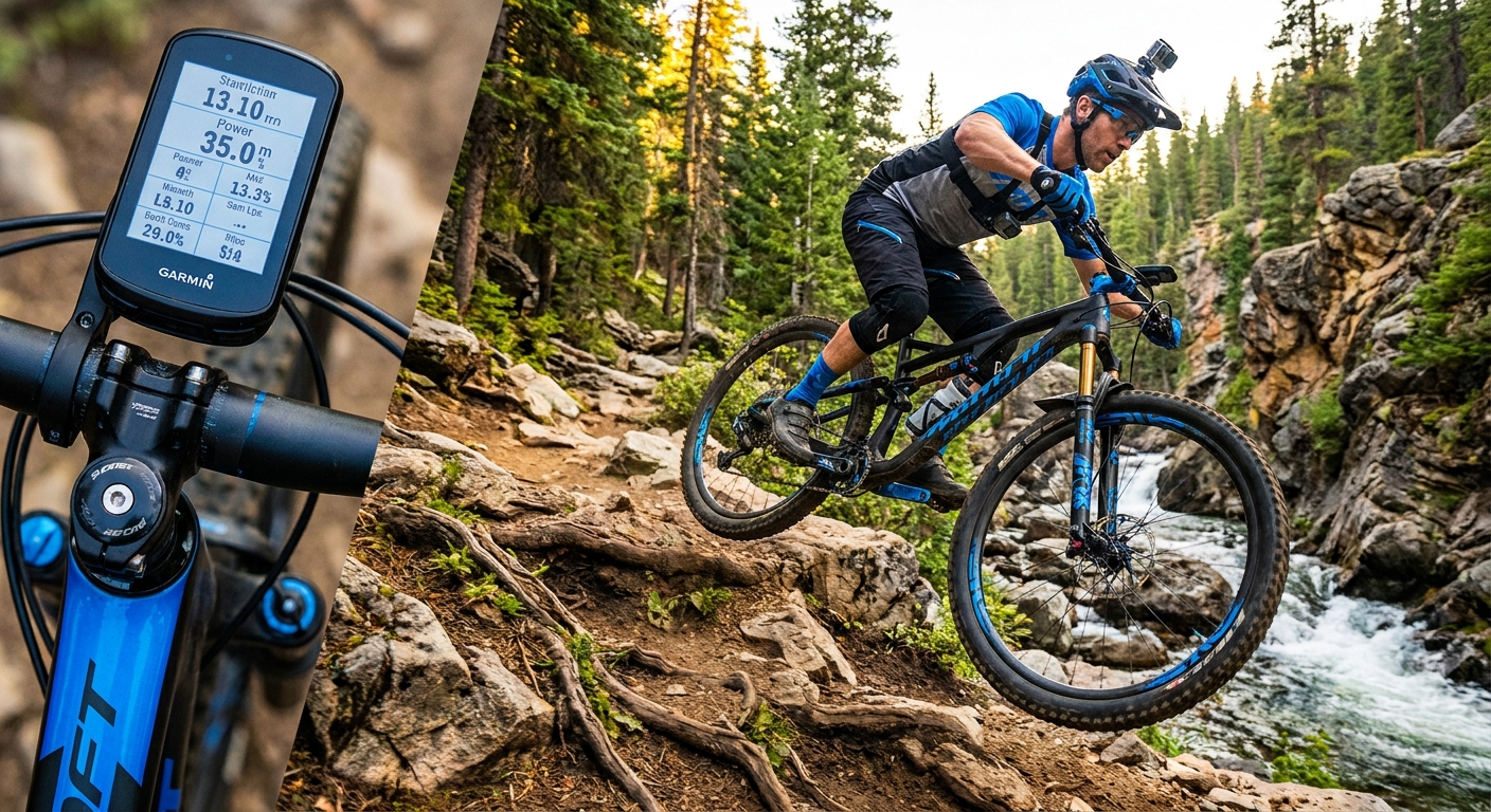 Mountain bike em trilha com sensor de potência e equipamento de monitoramento