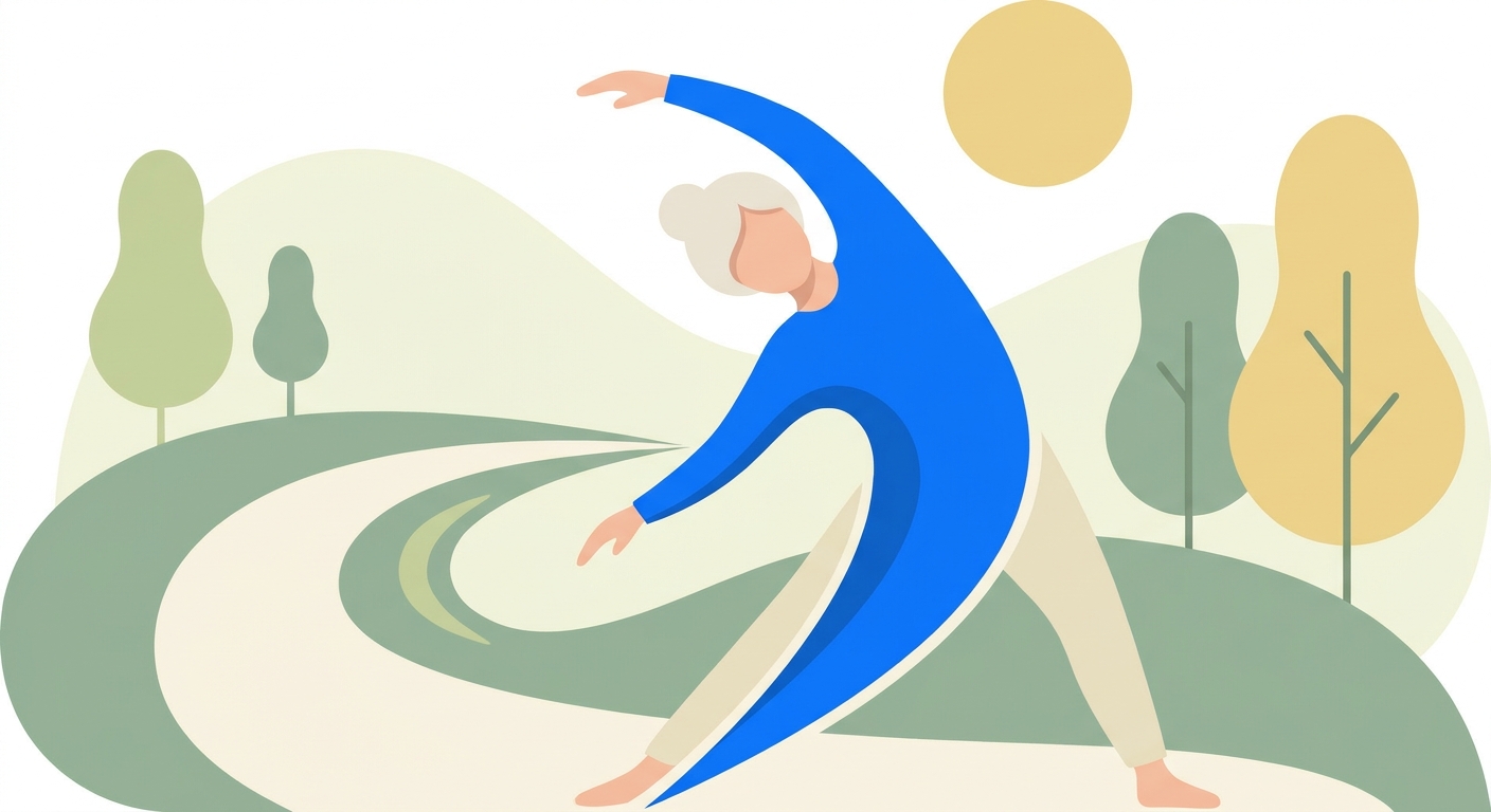 Ilustração de pessoa idosa alongando representando movimento e longevidade