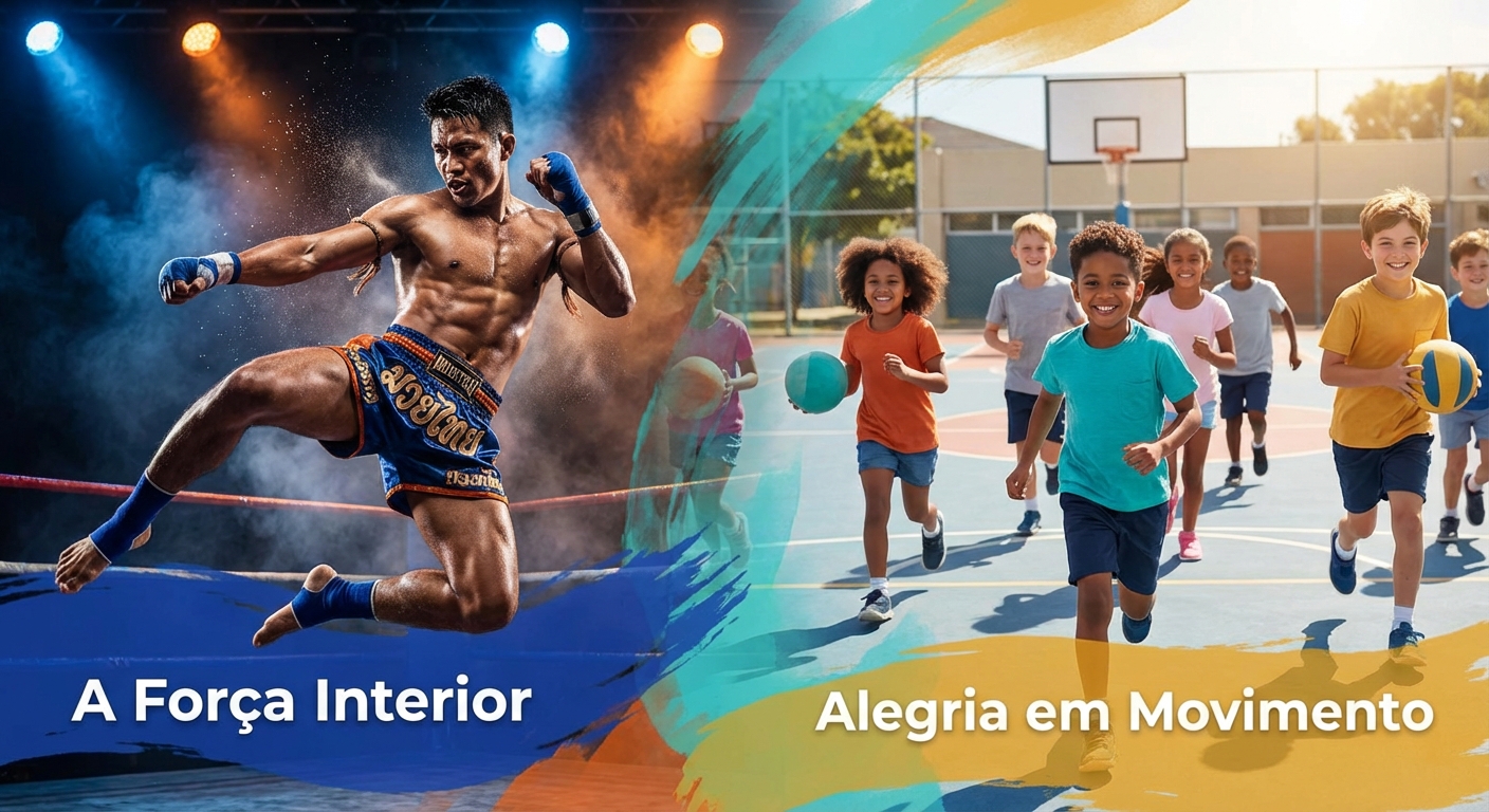 Colagem inspiradora com um lutador de Muay Thai e crianças em uma aula de educação física escolar.