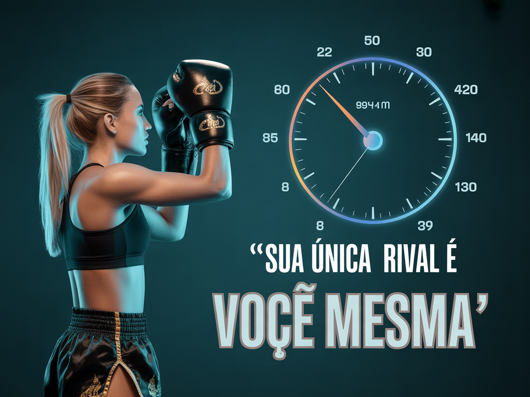 Mulher praticando Muay Thai com cronômetro e frases motivacionais, representando a conexão com treinos HIIT e o empoderamento feminino no fitness.