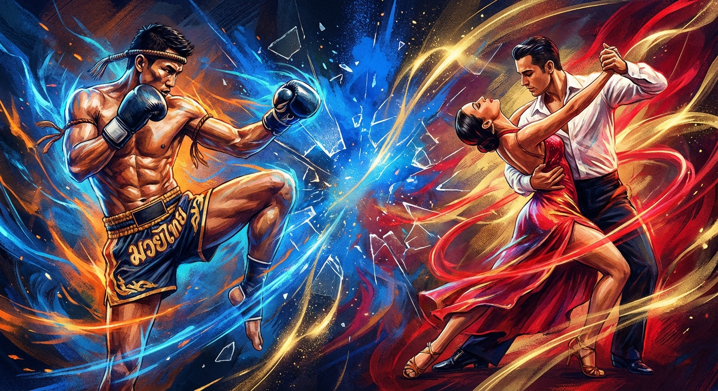 Lutador de Muay Thai e casal de dançarinos latinos representando disciplina e paixão