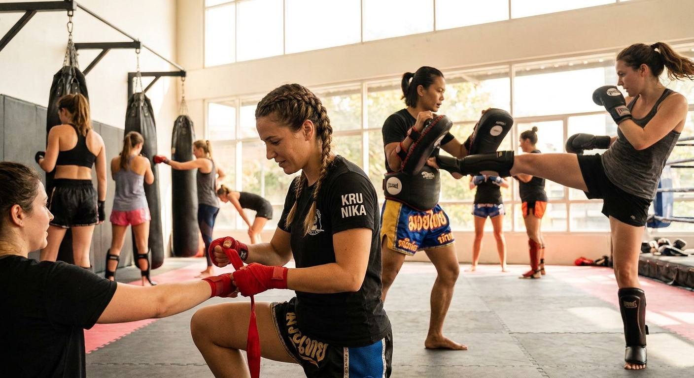 Mulheres treinando muay thai com treinadora mulher orientando golpes e cuidado técnico