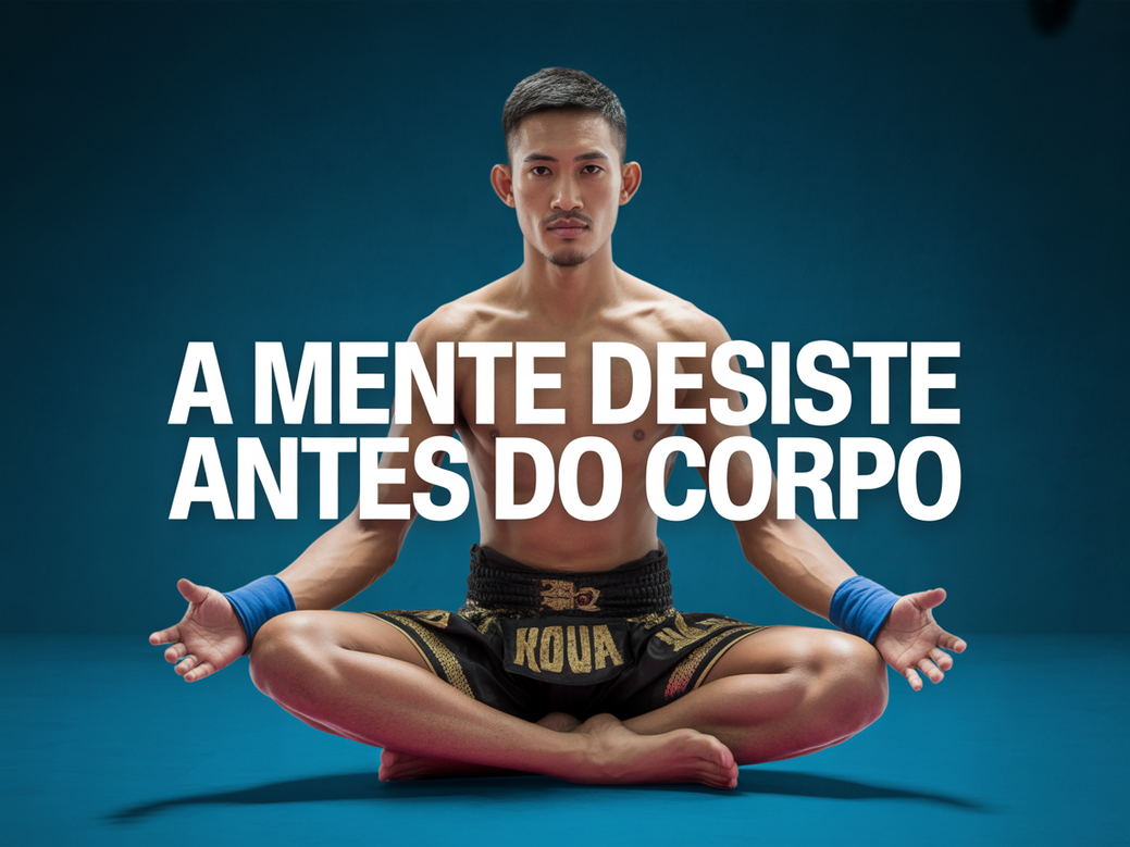 Inspiração do Muay Thai: lutador em meditação com a frase 'A mente desiste antes do corpo' sobreposta.