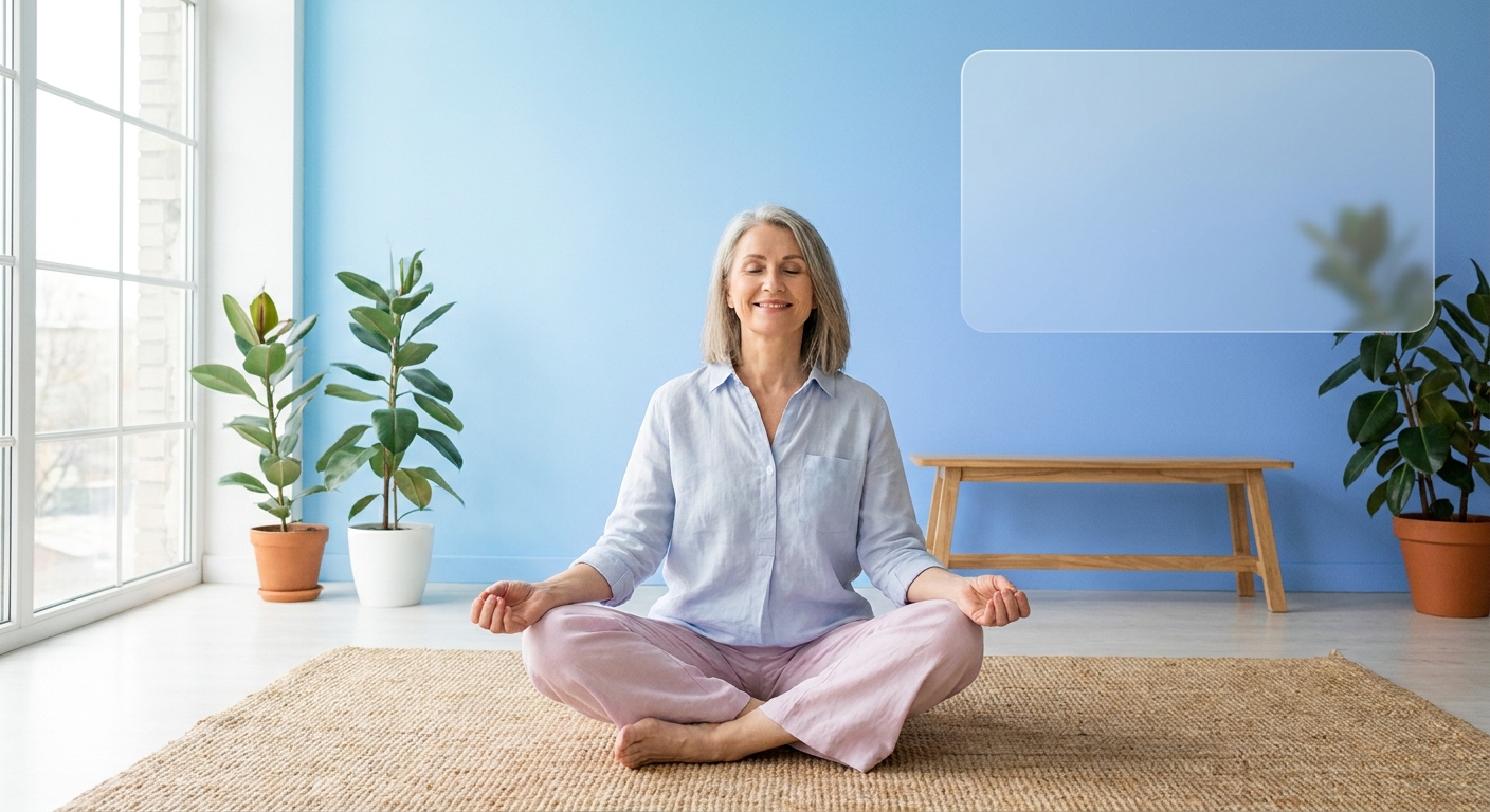 Mulher 50+ meditando em ambiente tranquilo com luz natural suave, acolhimento e bem-estar
