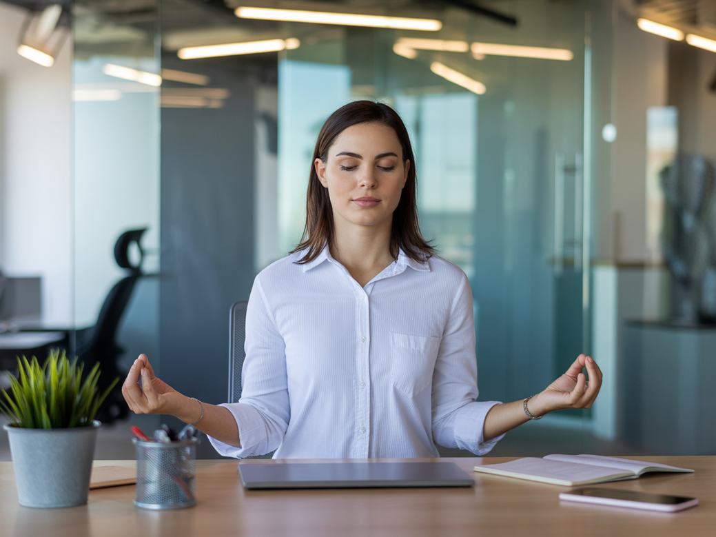 Mulher executiva aplicando a filosofia do yoga no trabalho, meditando em sua mesa de escritório para encontrar calma e foco.