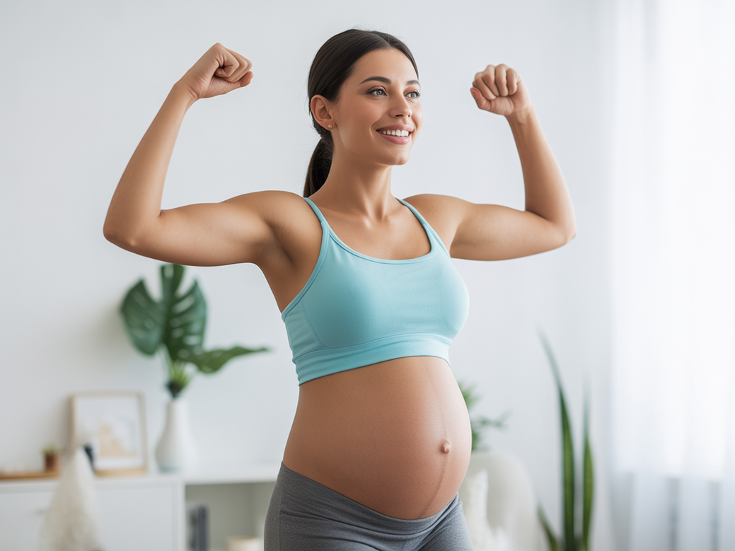 Mulher grávida feliz realizando exercícios de bíceps para gestantes em casa, sentada em uma bola de pilates.