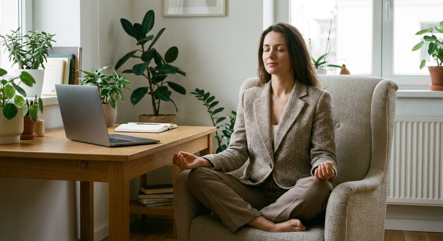 Mulher meditando em seu home office, demonstrando como encontrar clareza mental no negócio próprio.