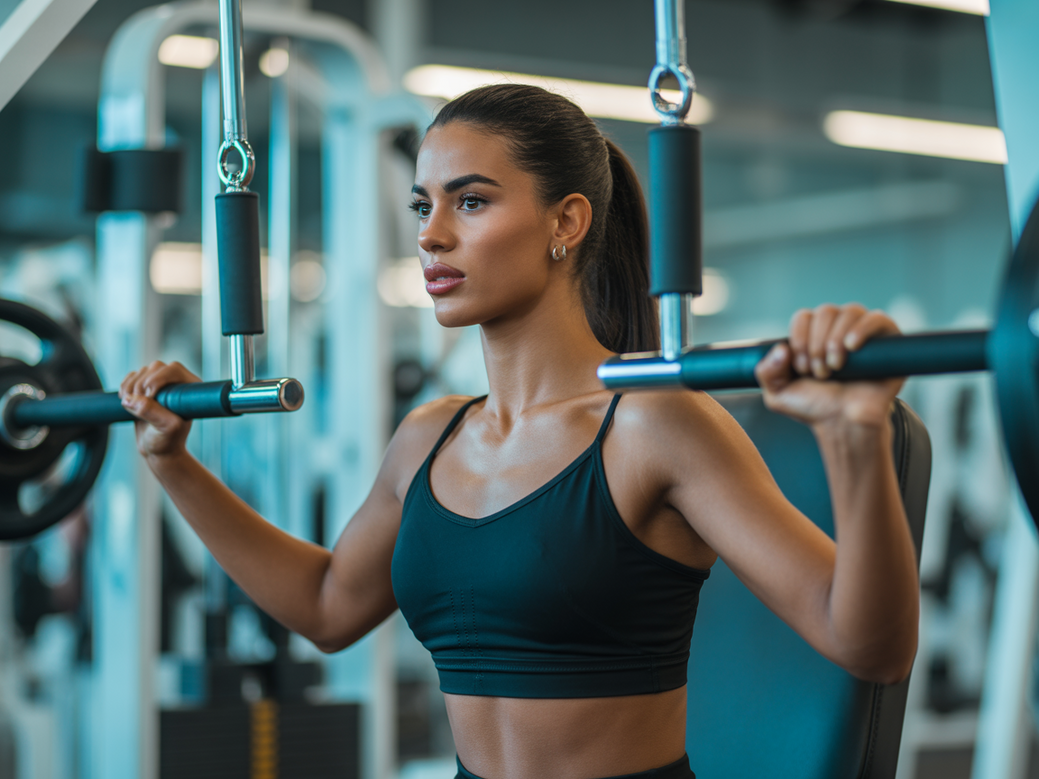 Mulher focada realizando exercício em máquina para ombro no treino feminino.