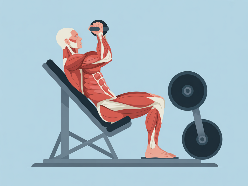 Infográfico detalhado mostrando os músculos trabalhados no leg press, como quadríceps e glúteos, com um design moderno e a cor azul da Personal Millbody.
