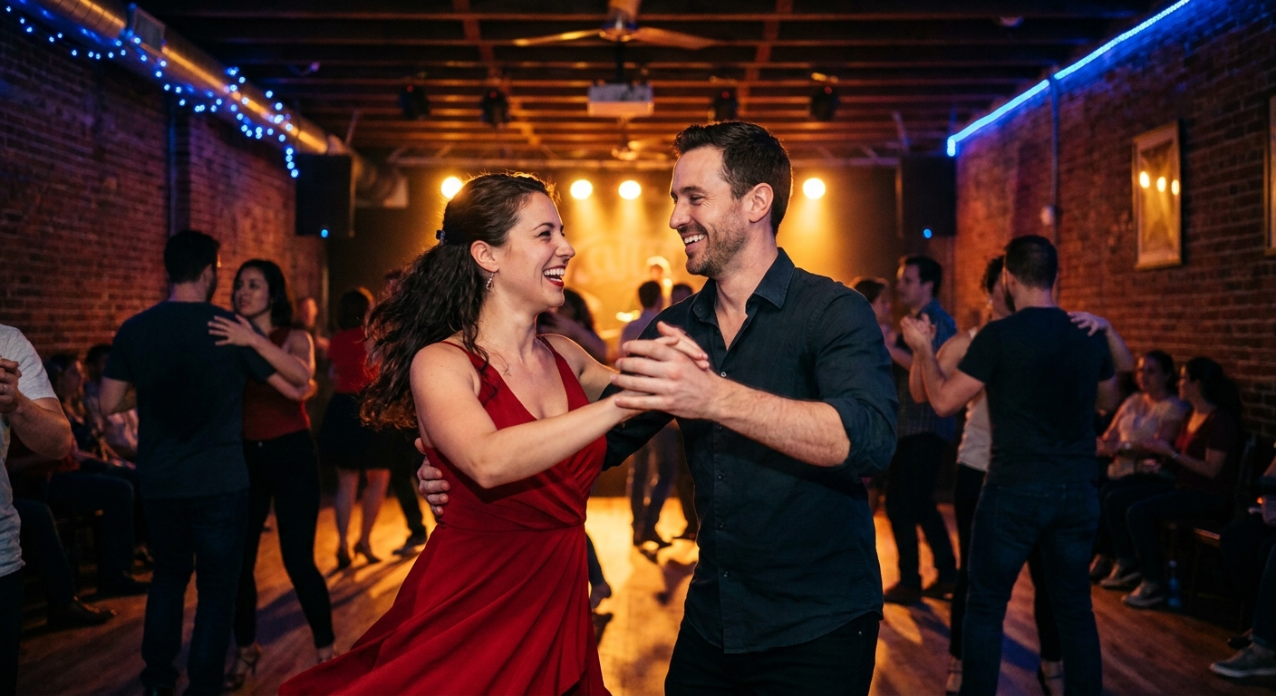 Musicalidade na dança latina: casal dançando salsa com conexão e alegria