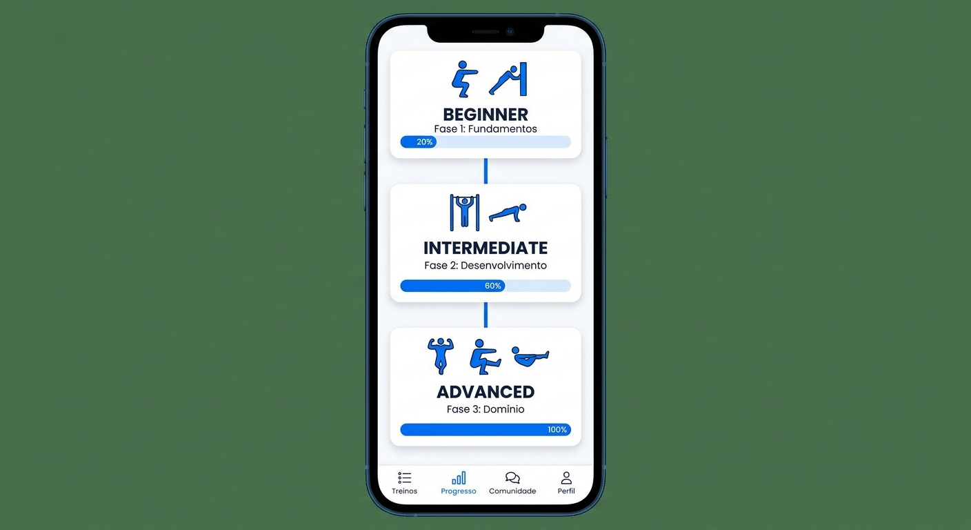 Interface do aplicativo mostrando níveis de progressão em calistenia: Beginner, Intermediate e Advanced
